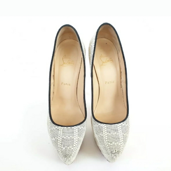 CHRISTIAN LOUBOUTIN WHITE BLACK TWEED FABRIC PUMP - Picture 5 of 8